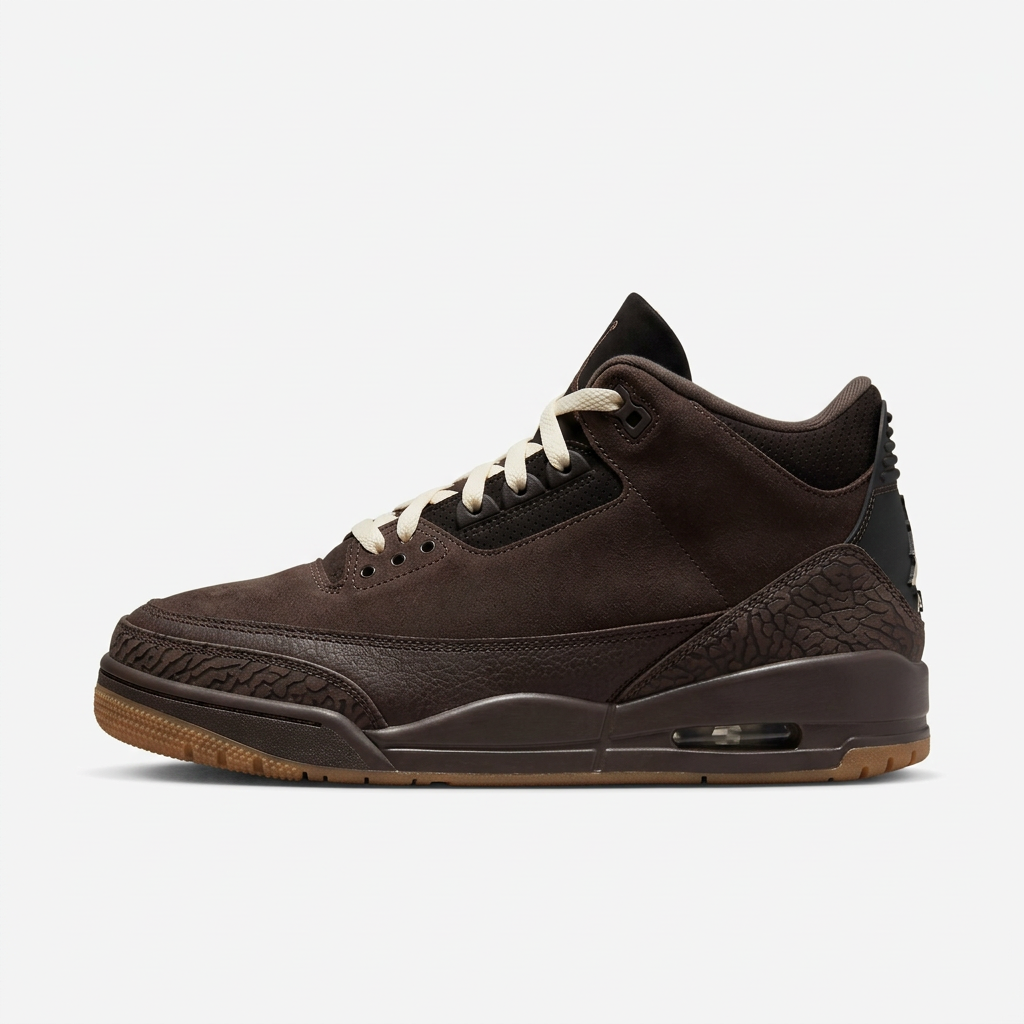 Side view of Air Jordan 3 Retro Fireside with dark brown upper, light laces and light-toned outsole