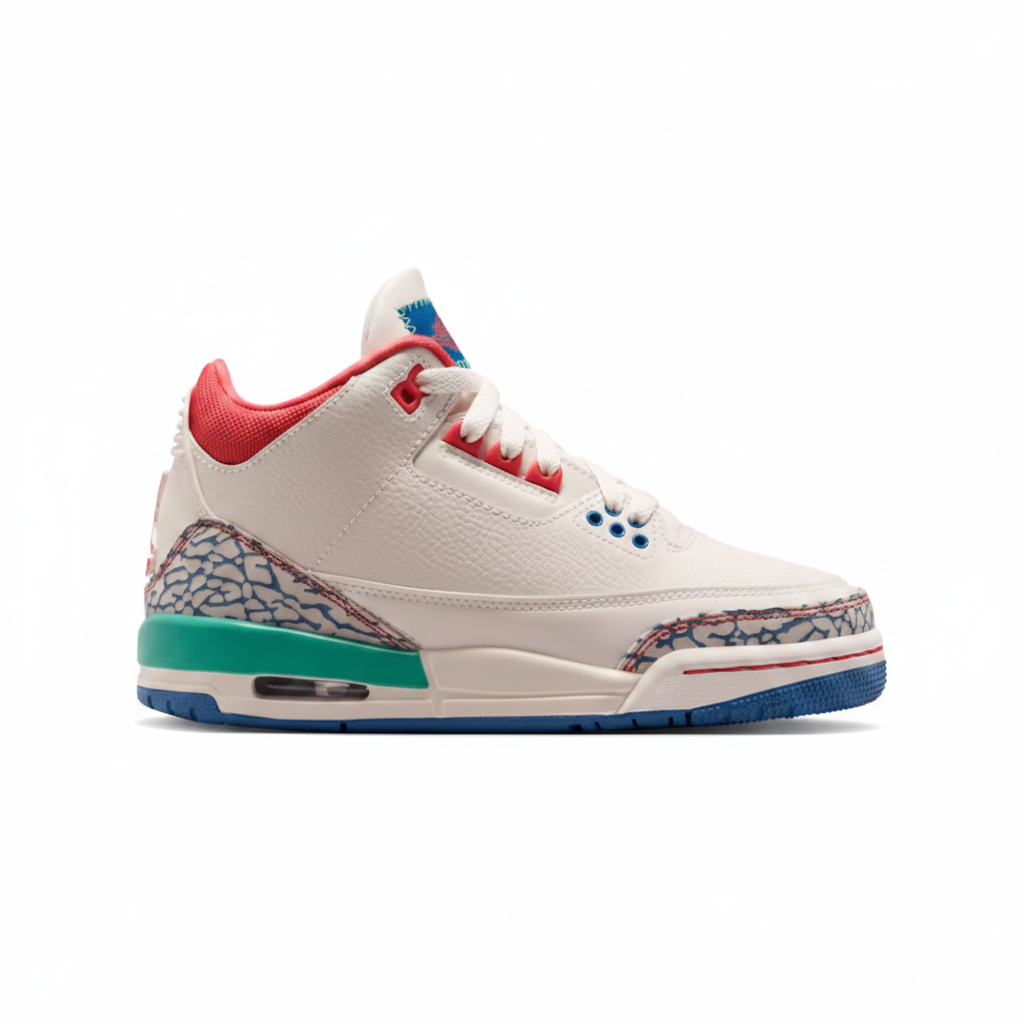 Air Jordan 3 Retro IO2076-100 Chalk Track Red True Blue Kinetic Green lateral view