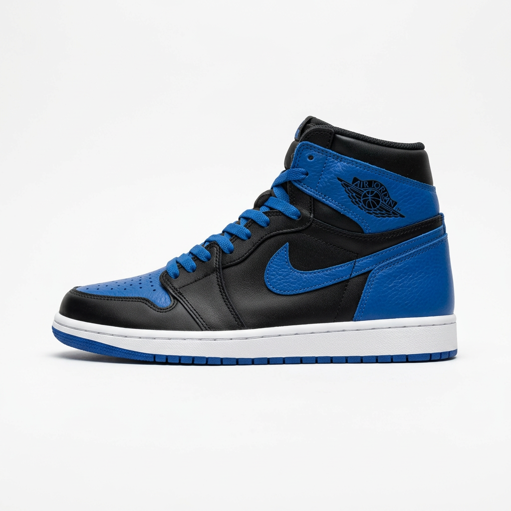 Side view of an Air Jordan 1 high-top in black and Game Royal blue with a white midsole