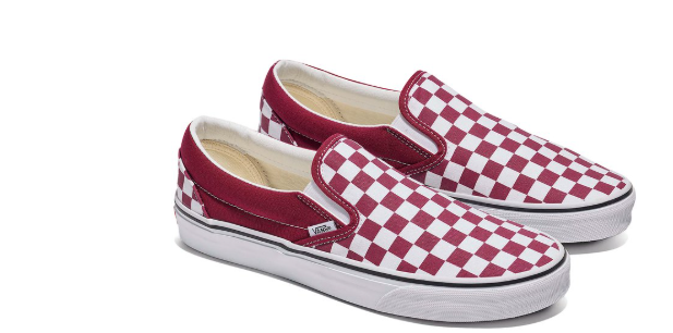 Vans Classic Slip-On Checkerboard Pomegranate/True White — pair shown at an angle on white background