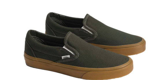 Vans Classic Slip-On in Olive canvas with gum rubber outsole, side profile view showing both shoes